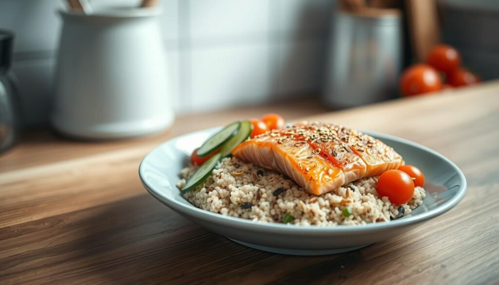 A mouthwatering salmon grain bowl rests on a light blue ceramic plate, its vibrant pink flesh glistening under the soft, natural lighting of a cozy, minimal kitchen. Tender grilled salmon flakes are nestled atop a bed of fluffy quinoa, garnished with slivers of crunchy cucumber, bright cherry tomatoes, and a scattering of toasted sesame seeds. The wooden textures of the kitchen counter provide a warm, earthy backdrop, creating a visually appealing and appetizing meal prep meal.