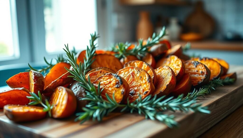 A mouthwatering spread of roasted sweet potatoes, golden-brown and glistening, nestled among fresh sprigs of rosemary and thyme. Vibrant jewel-toned slices are arranged artfully on a rustic wooden cutting board, inviting the viewer to imagine the rich, savory flavors. Soft, diffused lighting from a nearby window casts a warm glow, highlighting the natural textures and hues. In the background, a minimal kitchen with light blue accents provides a simple, uncluttered backdrop, allowing the star ingredients to take center stage.