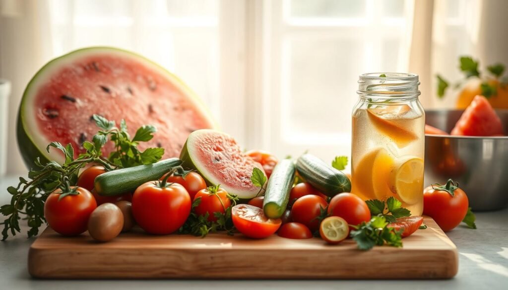 A natural, vibrant assortment of summer produce in a minimal kitchen setting. Ripe tomatoes, crisp cucumbers, juicy watermelon, and fragrant herbs are arranged with care on a wooden cutting board. Soft natural light filters through sheer curtains, casting a warm glow over the scene. The colors and textures create a sense of seasonal abundance and simple, wholesome pleasure. A glass jar of infused water and a stainless steel bowl hint at the refreshing, nourishing cold lunch to be assembled. The overall atmosphere is one of relaxed, healthy indulgence on a summer day.