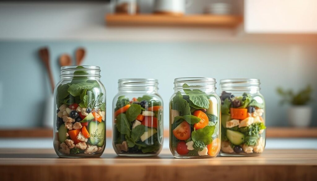 A neat arrangement of freshly prepared mason jar salads, each one a vibrant composition of crisp greens, colorful vegetables, and protein-rich ingredients. The jars are displayed on a wooden kitchen counter, with a minimal, light blue-accented backdrop creating a sense of simplicity and organization. Soft, natural lighting filters in, casting a warm glow over the scene and highlighting the textures of the ingredients. The overall mood is one of health, efficiency, and a well-curated meal prep, perfect for busy days and an energy-boosting lunch.