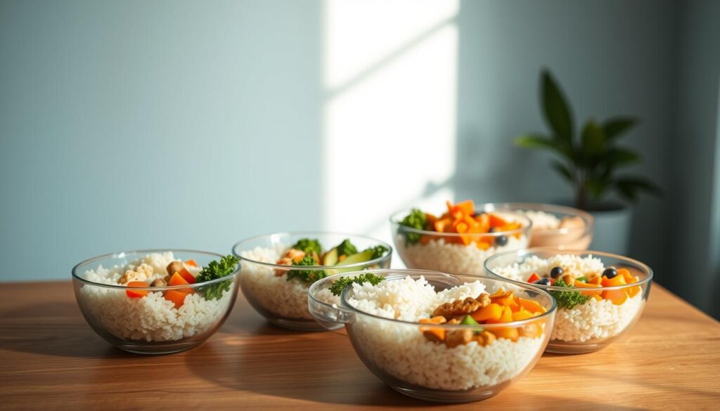 A neat arrangement of meal prep bowls, each filled with a visually appealing combination of rice, vegetables, and proteins. The bowls are placed on a wooden table with a minimalist, Scandinavian-inspired aesthetic. Soft, natural lighting casts a warm glow, accentuating the textures and colors. In the background, a light blue accent wall adds a calming, serene atmosphere. The overall scene conveys a sense of simplicity, organization, and the notion of wholesome, nutritious meals prepared in advance.