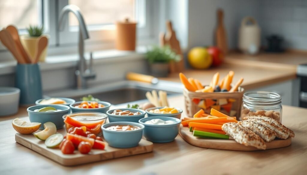 A neat, well-stocked kitchen counter with an array of colorful, bite-sized lunch items - sliced fruits, veggie sticks, small sandwiches, and a variety of dips and spreads. Soft, natural lighting from a window highlights the textures of the wooden surfaces and blue-grey accents. The composition is balanced and inviting, creating an atmosphere of simple, homemade goodness - perfect for a picky eater's lunchtime delight.