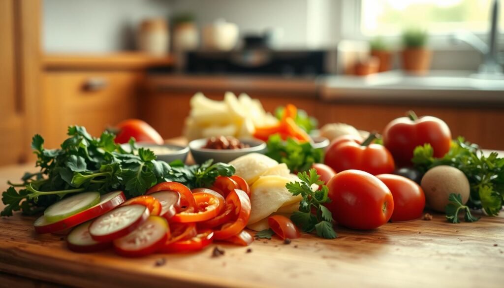 A neatly arranged array of fresh ingredients resting on a wooden cutting board. In the foreground, sliced vegetables and herbs create a harmonious pattern, their vibrant colors and textures complementing each other. In the middle ground, a few small bowls hold various seasonings and condiments, their contents visible through the soft, diffused lighting. The background features the warm, muted tones of the kitchen's wooden cabinetry and walls, creating a cozy, inviting atmosphere. The overall composition conveys a sense of thoughtful preparation and artful culinary creativity.