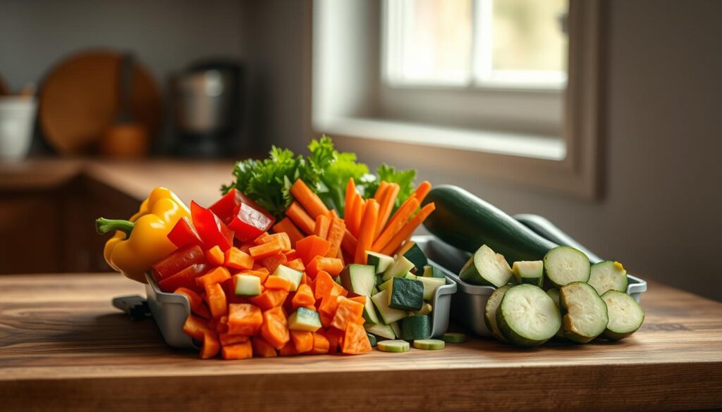 A neatly arranged array of freshly chopped vegetables, including vibrant bell peppers, crisp carrots, and earthy zucchini, resting in a trio of sleek, minimalist containers on a wooden countertop. Soft, diffused lighting from a nearby window creates a warm, inviting ambiance, highlighting the textures and colors of the produce. The layout is clean and uncluttered, drawing the eye to the effortless preparation of these ingredients, ready to be combined into a delicious, quick-cooking sheet pan meal.