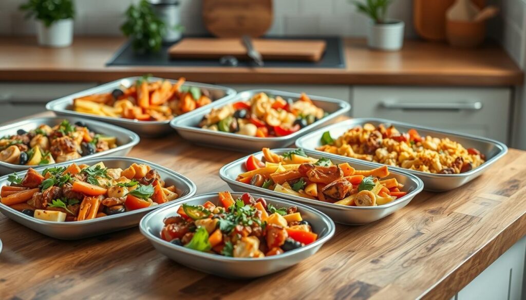 A neatly arranged assortment of Whole30-compliant sheet pan recipes, beautifully displayed on a wooden kitchen counter. The dishes feature a variety of colorful, fresh ingredients like roasted vegetables, lean proteins, and aromatic herbs, all bathed in a warm, natural light. The scene conveys a sense of simplicity, healthfulness, and culinary creativity, perfectly capturing the essence of quick and tasty Whole30 lunches.