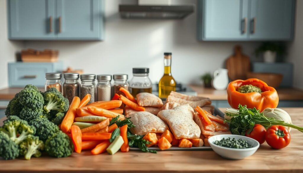 A neatly arranged assortment of basic sheet pan meal components sits atop a wooden kitchen counter. In the foreground, a selection of fresh vegetables, such as broccoli florets, carrot slices, and red bell pepper chunks, are positioned alongside hearty protein sources like chicken thighs and salmon fillets. The middle ground showcases an array of seasoning jars, a bottle of olive oil, and a small bowl of freshly chopped herbs. The background features a minimalist kitchen setting, with light blue cabinets and natural wooden accents, creating a calming, inviting atmosphere. The overall scene is softly lit, emphasizing the textures and colors of the ingredients, conveying the simplicity and versatility of sheet pan meal preparation.