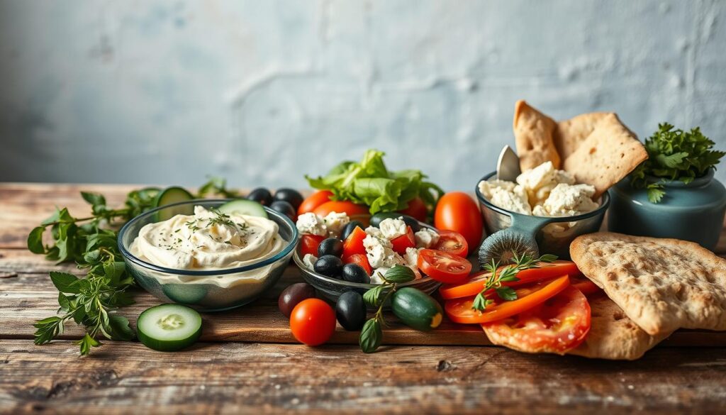 A neatly arranged assortment of classic Mediterranean mezze ingredients on a rustic wooden table against a backdrop of light blue accents and warm natural textures. Freshly sliced cucumbers, juicy tomatoes, briny olives, creamy hummus, tangy feta, fragrant herbs, and crisp pita breads bathed in soft, diffused lighting that highlights their vibrant colors and inviting textures. The composition exudes an air of simple, effortless elegance, evoking the relaxed, convivial spirit of a traditional Mediterranean dining experience.