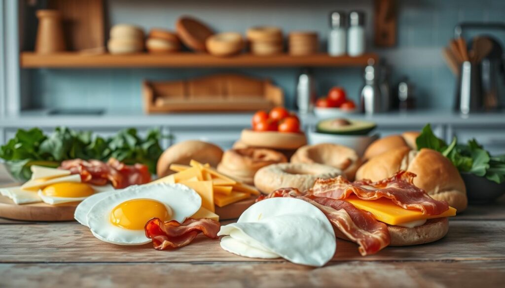 A neatly arranged assortment of customizable breakfast sandwich ingredients on a rustic wooden surface. In the foreground, an array of fresh eggs, crisp bacon slices, and sliced cheddar cheese. In the middle ground, a variety of breads including English muffins, croissants, and biscuits. In the background, a selection of toppings and seasonings such as spinach, tomatoes, avocado, and salt and pepper shakers. The image is captured in a warm, natural lighting that casts soft shadows, creating a cozy, inviting atmosphere in a minimal kitchen setting with light blue accents.