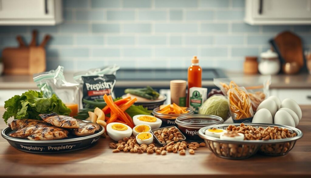 A neatly arranged assortment of customized meal add-ins on a wooden kitchen counter, bathed in soft, natural lighting. In the foreground, an array of protein-rich ingredients such as grilled chicken, roasted vegetables, boiled eggs, and toasted nuts, all with the Prepistry brand visible. In the middle ground, various condiments and sauces in small bowls, adding vibrant pops of color. The background features a light blue-tiled backsplash, lending a cozy, minimalist atmosphere to the scene. The entire composition evokes a sense of culinary creativity and healthy, personalized lunch options.