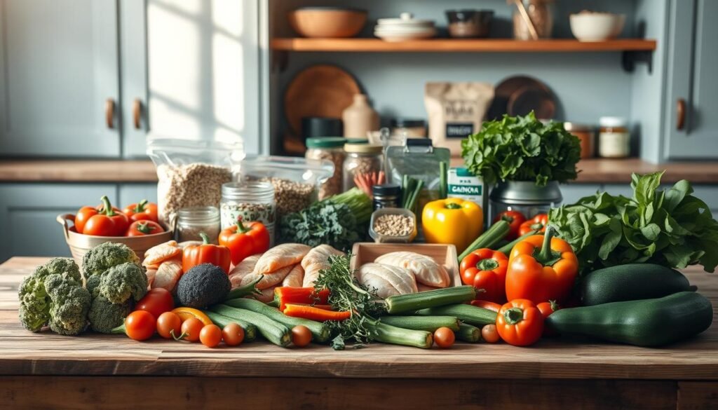 A neatly arranged assortment of essential meal prep ingredients sits on a rustic wooden table, bathed in soft, natural light. In the foreground, a variety of fresh vegetables, including broccoli, bell peppers, and zucchini, are carefully placed. In the middle ground, a selection of lean proteins, such as chicken breasts and salmon fillets, are artfully displayed. Complementing these, various pantry staples like quinoa, brown rice, and a selection of herbs and spices occupy the background, creating a visually appealing and well-balanced composition. The entire scene is set against a backdrop of light blue cabinetry, lending a sense of tranquility and organization to the space.