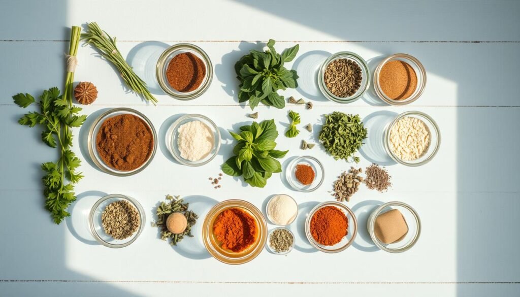 A neatly arranged assortment of freezer-friendly meal prep ingredients on a light blue wooden surface, including a variety of fresh herbs, spices, and seasonings in small glass jars and bowls. The soft, warm lighting casts gentle shadows, highlighting the textures and colors of the natural ingredients. The composition conveys a sense of organization, simplicity, and a focus on optimizing flavors for enhanced taste, perfect for a cozy, minimal kitchen setup.