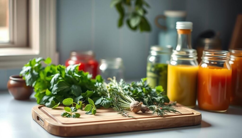 A neatly arranged assortment of fresh herbs, including basil, parsley, thyme, and rosemary, rests on a wooden cutting board. Beside them, various glass jars hold an array of homemade dressings, their vibrant colors shimmering under the soft, natural lighting filtering through a nearby window. The scene conveys a sense of culinary calm and mindfulness, perfectly suited for preparing healthy office meals. The minimal, light blue-accented kitchen setting adds to the serene atmosphere, inviting the viewer to imagine the flavorful and nutritious possibilities of these simple, wholesome ingredients.