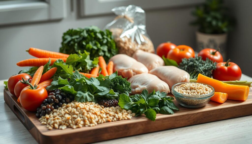 A neatly arranged assortment of fresh, vibrant ingredients for a balanced meal prep: an array of colorful vegetables, including crisp greens, crunchy carrots, and juicy tomatoes; succulent chicken breasts; hearty quinoa; and a selection of fragrant herbs and spices. The ingredients are laid out on a wooden cutting board, bathed in soft, natural light filtering through a nearby window. The scene conveys a sense of organization, simplicity, and healthy culinary potential, perfectly capturing the core components of an effective meal prep strategy.
