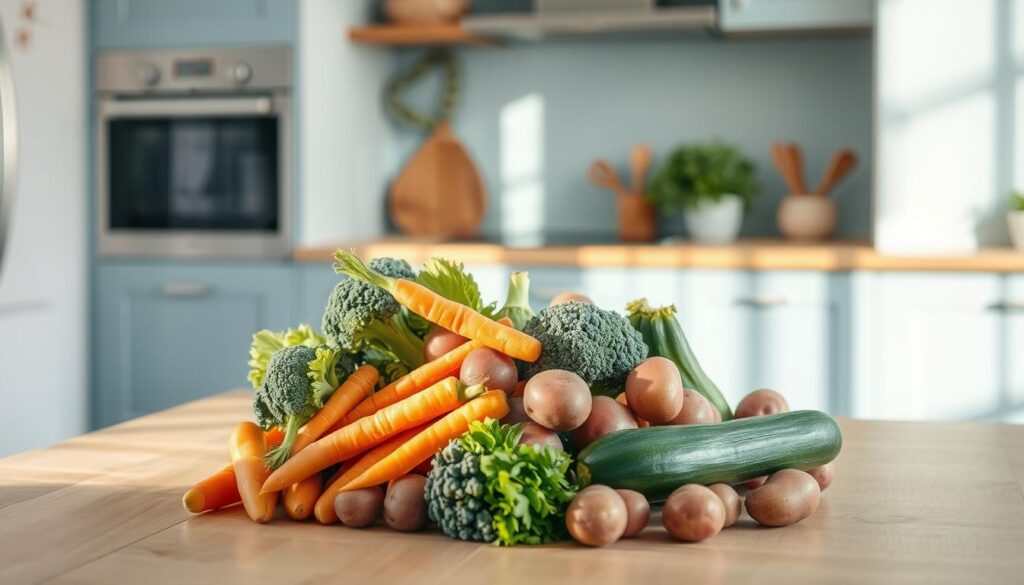 A neatly arranged assortment of fresh, vibrant veggies and potatoes rests on a clean, light-colored wooden table. The produce, including carrots, broccoli, zucchini, and red potatoes, is carefully organized into distinct piles, showcasing their natural colors and textures. Soft, directional lighting from the side casts gentle shadows, accentuating the shapes and forms of the ingredients. The overall mood is one of simplicity, cleanliness, and a sense of preparedness, perfectly suited for a one-pan dinner. The kitchen environment features light blue accents, adding a calming, minimalist ambiance to the scene.