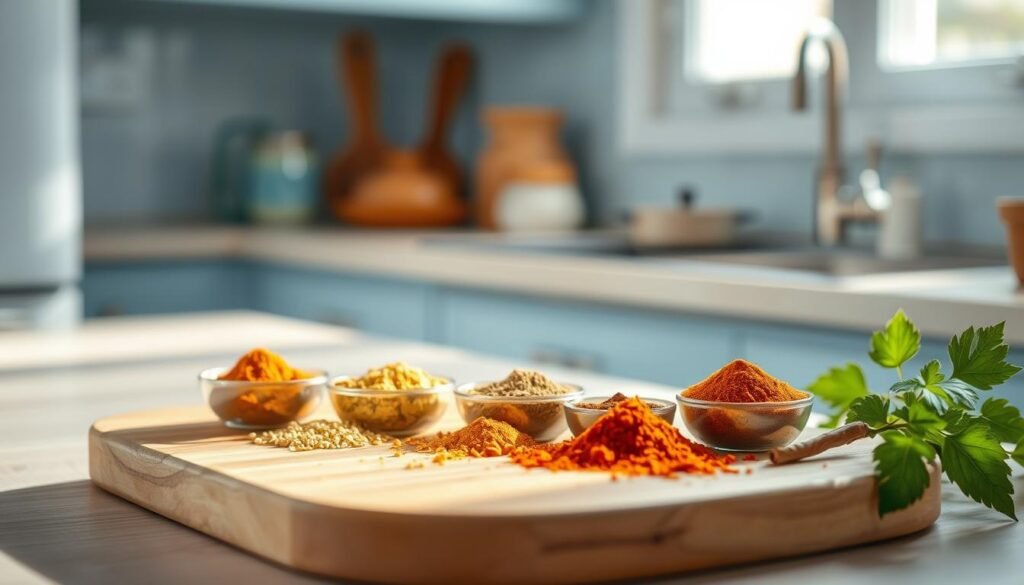 A neatly arranged assortment of freshly ground Indian spices, including turmeric, cumin, coriander, garam masala, and red chili powder, sit atop a wooden cutting board in a cozy, minimal kitchen with light blue accents. The spices are illuminated by soft, natural lighting filtering through a window, casting gentle shadows and highlighting their vibrant hues. The serene, uncluttered atmosphere evokes a sense of culinary inspiration, as if inviting the viewer to start crafting a flavorful Indian-inspired meal prep.