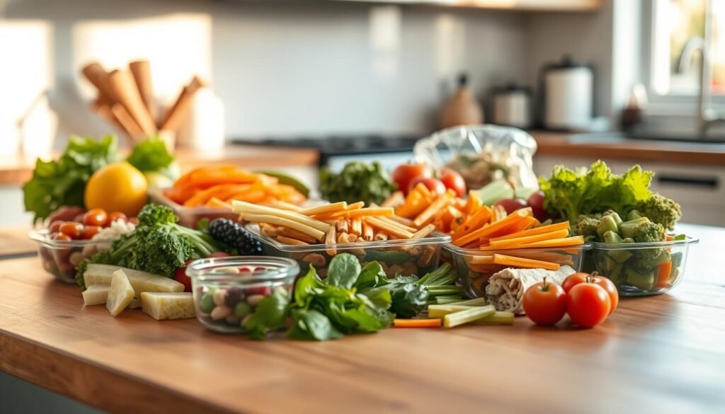 A neatly arranged assortment of freshly prepared lunch components laid out on a wooden kitchen counter. The scene is bathed in warm, natural lighting that accentuates the crisp textures of the ingredients - crunchy fresh vegetables, juicy fruits, and a variety of proteins. Careful food styling creates a visually appealing and appetizing display, conveying the satisfying experience of a well-balanced, homemade meal. The overall atmosphere is one of simplicity, wholesomeness, and attention to detail, reflecting the care and thoughtfulness that goes into meal prepping for the week ahead.
