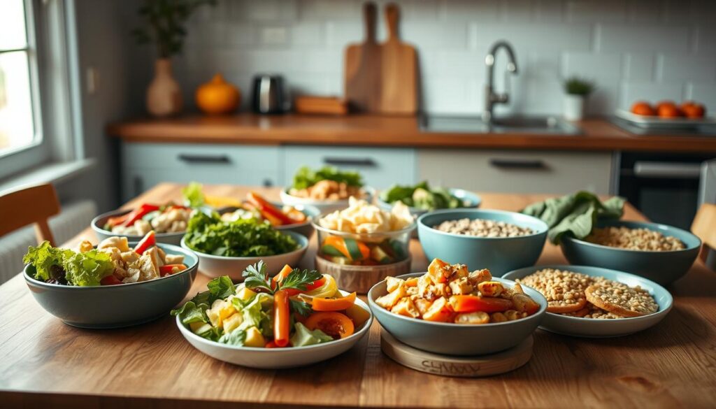 A neatly arranged assortment of freshly prepared, nutrient-dense meals on a clean wooden table in a cozy, minimalist kitchen. A variety of colorful vegetables, lean proteins, and whole grains are perfectly portioned and presented with a light blue accent color complementing the warm wooden tones. Soft, natural lighting from a nearby window casts a gentle glow, highlighting the healthy, homemade appeal of the meal prep. The scene conveys a sense of organization, intentionality, and a commitment to wholesome, weeknight nutrition.