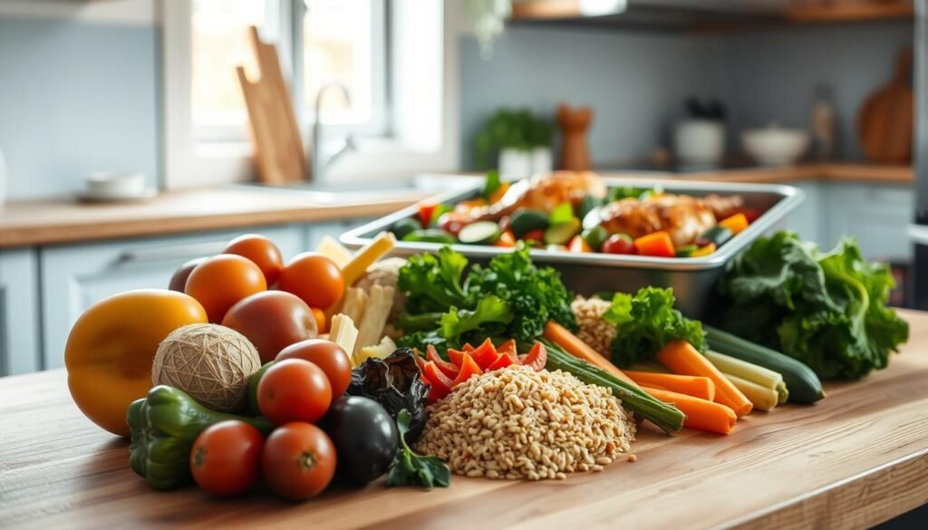 A neatly arranged assortment of healthy, balanced meal components on a wooden kitchen counter. In the foreground, a selection of fresh vegetables, grains, and lean proteins are thoughtfully portioned and presented. The middle ground showcases a stainless steel sheet pan with roasted chicken, roasted vegetables, and quinoa. In the background, a minimalist kitchen with light blue accents and natural wood tones creates a calming, nurturing atmosphere. Soft, natural lighting from a nearby window casts a warm glow over the scene, emphasizing the vibrant colors and textures of the well-balanced meal prep.