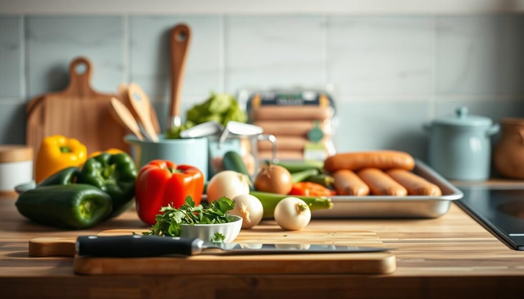 A neatly arranged assortment of kitchen tools and fresh ingredients for a sheet pan dinner, set against a cozy, minimalist backdrop of light blue accents and warm wooden textures. In the foreground, a cutting board, a sharp chef's knife, and a small bowl of herbs. In the middle ground, a variety of colorful vegetables such as bell peppers, zucchini, and onions, along with a package of Italian sausages. The lighting is soft and natural, highlighting the inviting atmosphere of a well-equipped, organized kitchen, ready to embark on a delicious sheet pan meal prep.