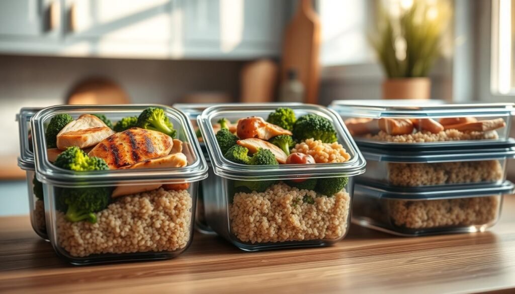 A neatly arranged assortment of macro-friendly meal prep containers filled with a balanced combination of grilled chicken, steamed broccoli, and quinoa, resting on a wooden kitchen counter. Soft natural lighting filters through the windows, casting warm shadows and highlighting the vibrant colors of the fresh ingredients. The minimal, light blue-accented kitchen creates a calming, organized atmosphere, perfect for planning nutritious meals to support fitness goals.