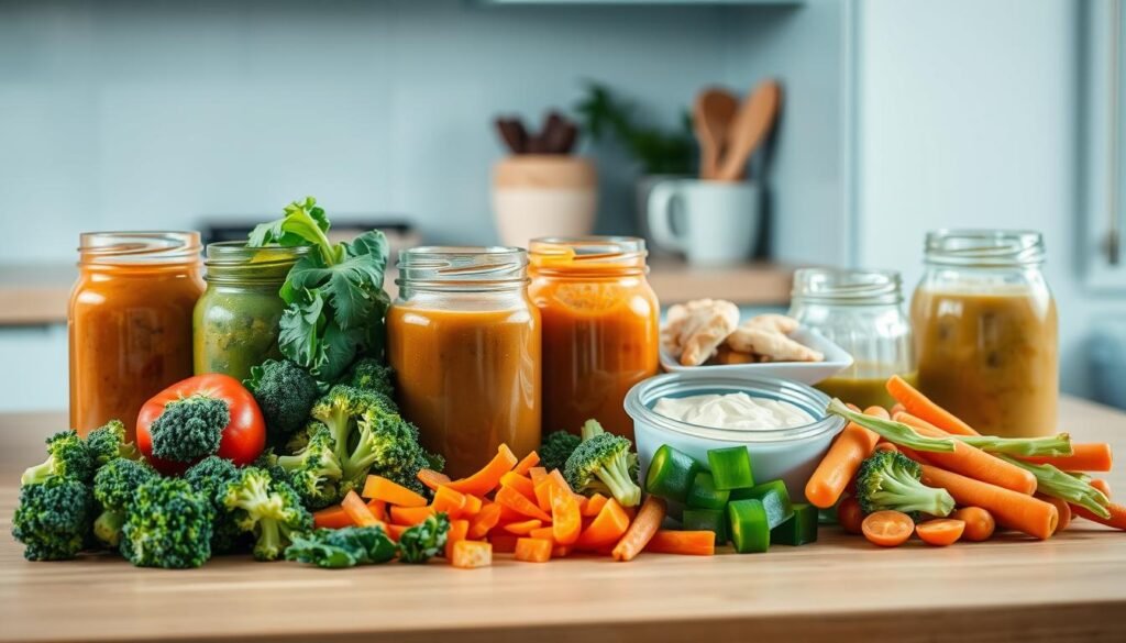 A neatly arranged assortment of meal prep components and homemade sauces sits on a clean, wooden kitchen counter. In the foreground, vibrant vegetables like broccoli, bell peppers, and carrots are carefully chopped, ready to be incorporated into healthy meals. Alongside them, glass jars filled with smooth, creamy sauces in earthy tones of browns and greens add depth and flavor. The middle ground features a selection of lean protein sources, such as grilled chicken breasts and baked tofu, waiting to be combined with the prepped ingredients. The background is softly lit, highlighting the light blue accents of the minimal kitchen, creating a serene and inviting atmosphere for crafting wholesome, homemade meals.