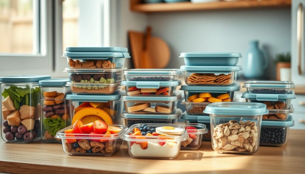 A neatly arranged assortment of meal prep containers in various sizes and shapes, each meticulously filled with a healthy, balanced breakfast selection. The containers are set against a backdrop of a cozy, minimal kitchen environment, featuring warm wooden textures and light blue accents. The lighting is soft and natural, casting a gentle glow over the organized display. The overall atmosphere conveys a sense of efficiency, preparedness, and a commitment to a healthy lifestyle.
