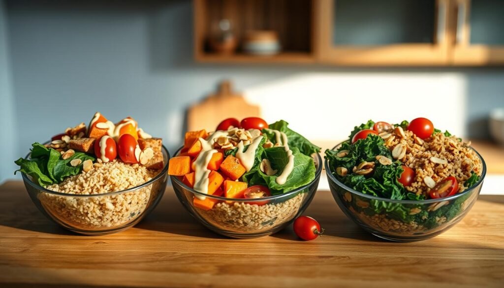 A neatly arranged assortment of nutritious grain bowls sits atop a wooden countertop, their vibrant colors and textures creating a visually appealing display. Quinoa, farro, and wild rice form the base, adorned with a variety of fresh vegetables, such as roasted sweet potatoes, sautéed kale, and juicy cherry tomatoes. Drizzles of tahini dressing and sprinkles of toasted almonds add depth and flavor. Soft, indirect lighting from the kitchen's minimal, light blue-accented interior casts a warm, inviting glow over the scene, capturing the balanced and wholesome nature of these nutritious grain bowls.