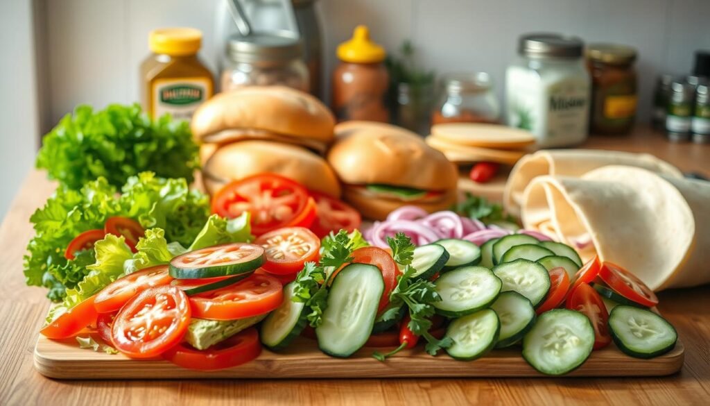 A neatly arranged assortment of sandwich preparation ingredients on a wooden kitchen counter, bathed in soft, natural light. In the foreground, an array of freshly sliced vegetables - crisp lettuce, juicy tomatoes, and crunchy cucumbers. In the middle ground, an assortment of bread options, from whole-grain rolls to tortilla wraps, waiting to be filled. In the background, jars of condiments, such as mustard and mayonnaise, alongside a few herbs and spices, adding depth and flavor. The scene conveys a sense of organized simplicity, perfect for a quick and easy office lunch.