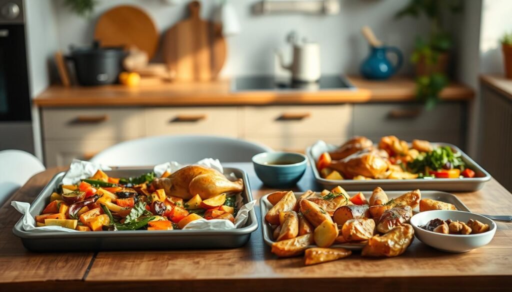 A neatly arranged assortment of sheet pan meals on a wooden table in a cozy, minimal kitchen. Juicy roasted vegetables, tender chicken, and crispy roasted potatoes fill the frame, bathed in warm, natural lighting. Subtle blue accents provide a calming contrast. The scene conveys a sense of effortless, rustic elegance, inviting the viewer to imagine the delicious aromas and satisfying flavors of these versatile, one-pan dishes.