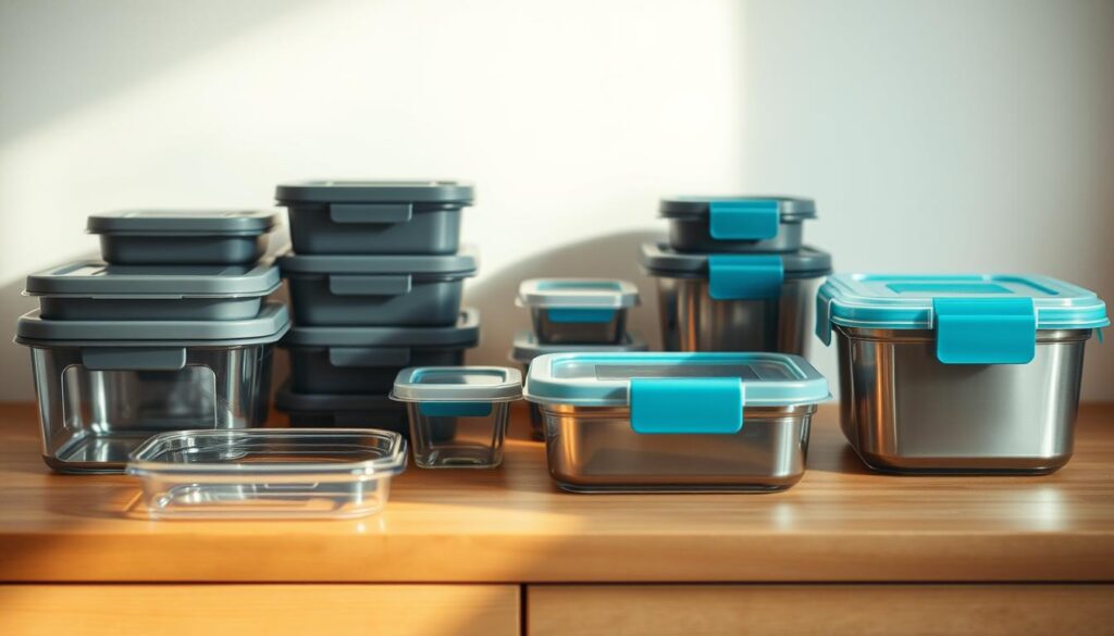 A neatly arranged assortment of various meal prep containers rests on a wooden kitchen counter, their sleek, rectangular forms casting soft shadows under the warm, diffused lighting. The containers are a mix of glass, plastic, and stainless steel, each with its own unique lid design and color palette, ranging from muted grays to vibrant blue accents. The scene exudes a sense of organization and functionality, hinting at the practical solutions these containers offer for meal prepping and food storage. The minimal, clean-lined background emphasizes the containers as the central focus, inviting the viewer to imagine the healthy, high-protein lunches they could hold.