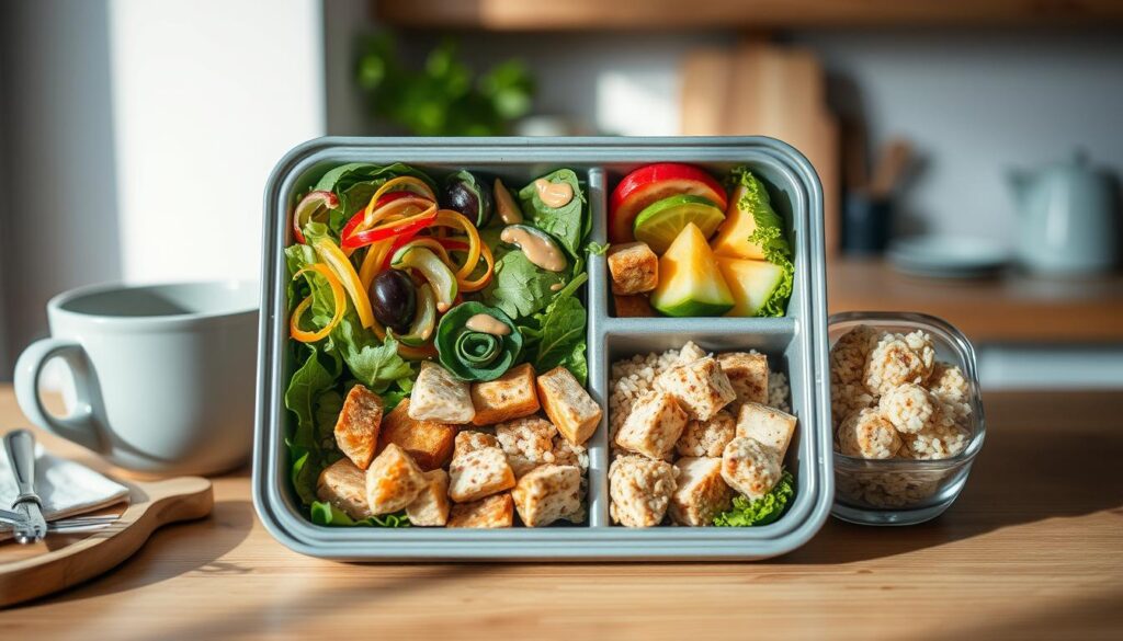 A neatly arranged bento box filled with an array of creative, healthy, and visually appealing meal prep components: a colorful salad with leafy greens, sliced vegetables, and a drizzle of dressing; perfectly portioned protein such as grilled chicken or tofu; a side of whole grain rice or quinoa; fresh fruit slices; and a small dessert like bite-sized energy bites. The scene is bathed in soft, natural lighting, highlighting the textures and colors of the ingredients. The minimalist kitchen setting features wooden surfaces, light blue accents, and a sense of tranquility, creating an inviting atmosphere for office meal planning.