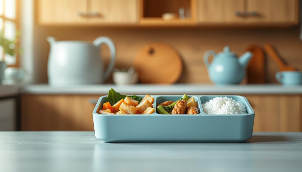 A neatly arranged bento box with four distinct compartments, each crafted with attention to detail. The compartments feature a variety of colorful and visually appealing foods, such as steamed vegetables, tender protein, and fragrant rice. The bento box is set against a backdrop of a cozy, minimalist kitchen with warm wooden textures and light blue accents, bathed in soft, natural lighting. The scene evokes a sense of organization, simplicity, and a celebration of the art of mindful meal preparation.