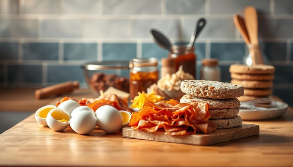 A neatly arranged collection of breakfast sandwich ingredients and tools on a wooden kitchen counter, bathed in warm, natural light. In the foreground, an assortment of freshly cracked eggs, slices of crisp bacon, and a stack of whole grain English muffins. In the middle ground, a mixing bowl filled with shredded cheese, a jar of savory jam, and a set of kitchen utensils including a spatula and a small whisk. The background features a minimalist tile backsplash in a soothing blue-grey hue, complementing the cozy, rustic atmosphere. The overall scene conveys a sense of culinary preparedness and attention to detail, perfect for a delicious, calorie-controlled breakfast sandwich.