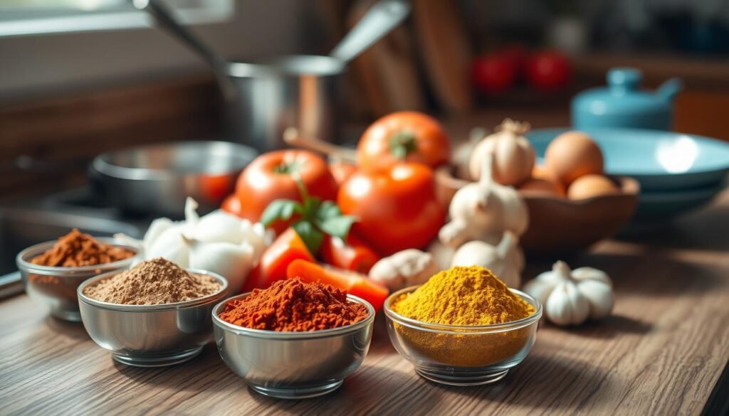 A neatly arranged collection of essential Indian meal prep ingredients on a wooden kitchen counter, bathed in soft, natural lighting. In the foreground, a variety of whole and ground spices - cumin, coriander, turmeric, chili powder, garam masala - nestled in small bowls. In the middle, vibrant vegetables like onions, tomatoes, ginger, and garlic cloves. In the background, a few stainless steel cooking utensils and a minimalist blue ceramic dish. The scene conveys the warmth, aroma, and simplicity of preparing a nourishing Indian meal.