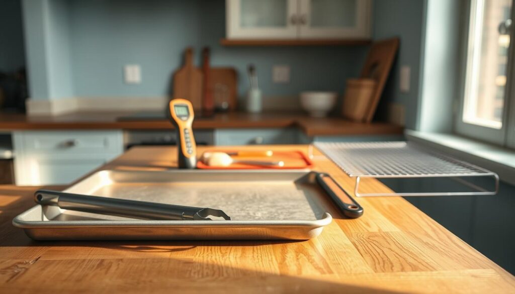 A neatly arranged collection of essential baking sheet tools on a wooden kitchen counter, bathed in warm, natural light streaming through a window. In the foreground, a sturdy, well-seasoned metal baking sheet, a pair of sturdy tongs, and a set of silicone baking mats. In the middle ground, a digital oven thermometer, a pastry brush, and a sturdy wire rack. In the background, a clean, minimal kitchen with light blue accents, highlighting the functional beauty of these baking essentials.