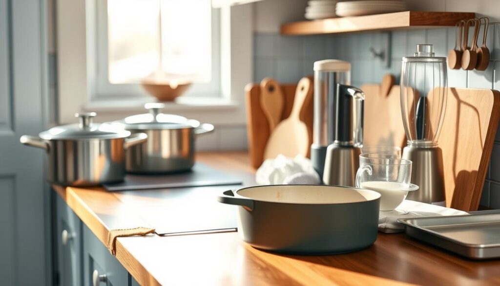 A neatly arranged collection of essential kitchen tools for efficient batch cooking, resting on a wooden counter in a cozy, minimalist kitchen with light blue accents. Includes a Dutch oven, a large stock pot, a high-quality chef's knife, sturdy cutting boards, a food processor, a handheld blender, a set of measuring cups and spoons, and a sheet pan. Soft, diffused lighting creates a warm, inviting atmosphere, highlighting the clean, functional design of the tools.