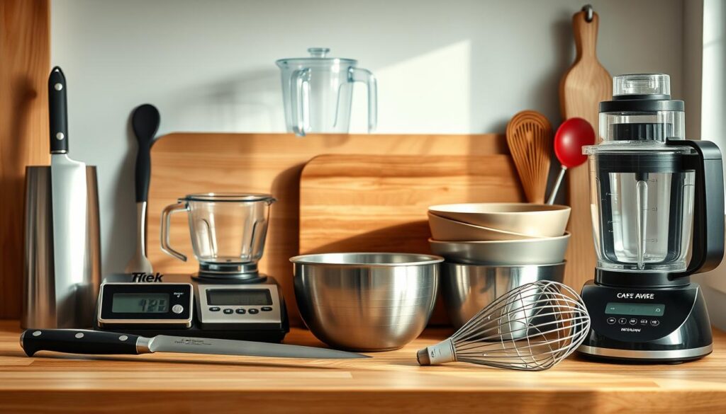 A neatly arranged collection of essential kitchen tools for meal prep: a sharp chef's knife, a sturdy cutting board, a high-quality blender, a precision digital scale, a set of stainless steel mixing bowls, a silicone spatula, a sturdy whisk, and a compact food processor - all set against a backdrop of warm, wooden textures and light blue accents, creating a cozy, minimal kitchen environment. The tools are positioned with care, conveying a sense of organization and efficiency, ready to assist in the creation of delicious, nourishing meals.