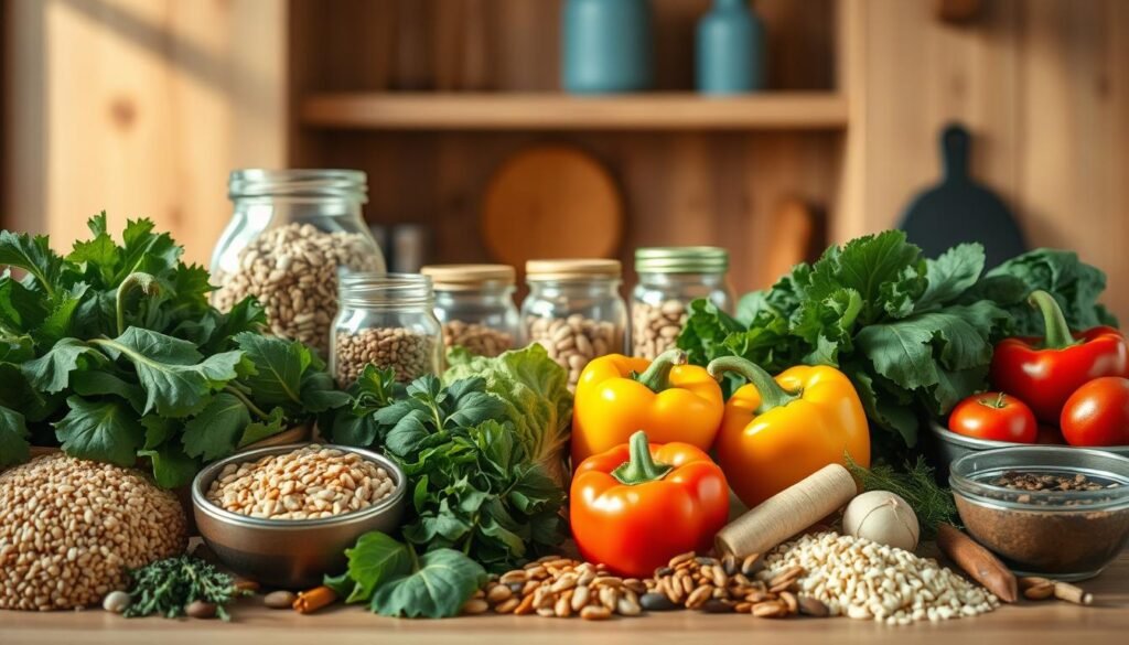 A neatly arranged collection of essential meal prep ingredients against a backdrop of warm, natural wood tones and soft blue accents. In the foreground, various whole grains, leafy greens, colorful bell peppers, and aromatic herbs and spices are thoughtfully displayed. In the middle ground, a few glass jars containing dried beans, nuts, and seeds add texture and depth. The lighting is soft and diffused, creating a cozy, inviting atmosphere, while the absence of any distracting elements allows the ingredients to take center stage, inspiring bold, flavorful lunch creations.