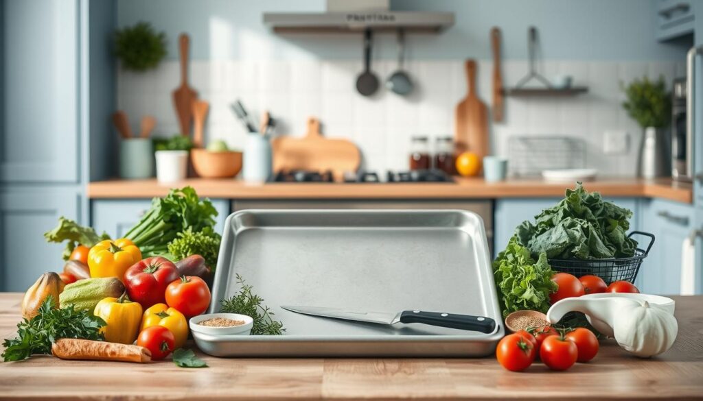 A neatly arranged collection of essential sheet pan cooking tools and ingredients, set against a backdrop of a cozy, minimalist kitchen with light blue accents and warm wooden textures. In the foreground, a sturdy sheet pan takes center stage, surrounded by a variety of fresh vegetables, herbs, and seasonings. The middle ground features a selection of kitchen utensils, including a sharp chef's knife, a sturdy spatula, and a baking rack, all arranged in a visually pleasing manner. The background is bathed in soft, diffused lighting, creating a serene and inviting atmosphere, with no human hands or distractions visible.
