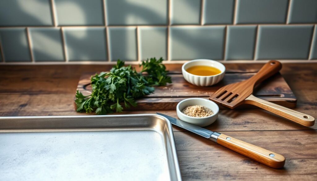 A neatly arranged collection of essential tools for crafting delightful sheet pan meals. In the foreground, a sturdy metal baking sheet, a sharp chef's knife, and a wooden spatula stand ready. In the middle ground, a bundle of fresh herbs, a small bowl of olive oil, and a sprinkle of seasoning sit atop a rustic wooden surface. The background features a light blue tiled wall, casting a warm, inviting glow over the scene. The overall atmosphere is one of organized simplicity, reflecting the ease and convenience of sheet pan cooking.