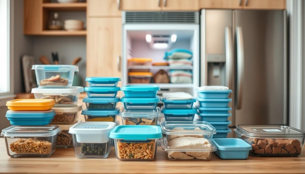 A neatly arranged collection of freezer meal prep essentials in a cozy, minimal kitchen with warm wooden textures and light blue accents. In the foreground, a variety of airtight glass and plastic containers, color-coded lids, and a compact vacuum sealer. In the middle ground, a set of sturdy meal prep bags and reusable silicone trays. In the background, a stainless steel freezer with a clear view of its contents. Soft, natural lighting illuminates the scene, creating a serene, organized atmosphere perfect for monthly meal planning.