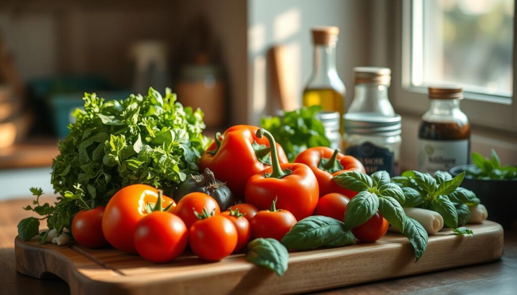 A neatly arranged collection of fresh vegetables, herbs, and pantry staples on a rustic wooden cutting board, bathed in warm, natural light streaming through a nearby window. Crisp greens, vibrant bell peppers, juicy tomatoes, and fragrant basil leaves stand out against the earthy tones of the background. Jars of spices, olive oil, and other essential cooking ingredients are placed strategically, hinting at the flavorful meal to come. The scene exudes a sense of calm preparedness, inviting the viewer to imagine the delicious and nourishing dish that will be assembled from these carefully selected components.