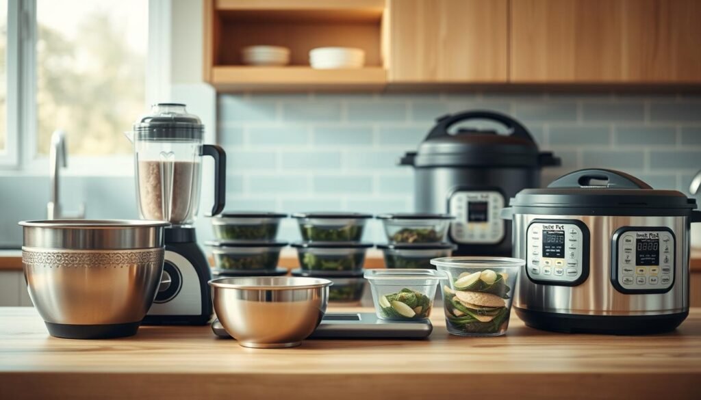 A neatly arranged collection of high-quality cooking tools in a minimalist kitchen. In the foreground, a set of sleek stainless steel mixing bowls, a high-powered blender, and a precision digital scale sit on a wooden countertop. Behind them, a row of meal prep containers, a slow cooker, and a multi-functional Instant Pot occupy the middle ground. The background features a light blue subway tile backsplash, complemented by natural wood cabinetry and a large window that floods the space with warm, diffused lighting. The overall composition conveys a sense of organization, efficiency, and a dedication to the art of batch cooking.