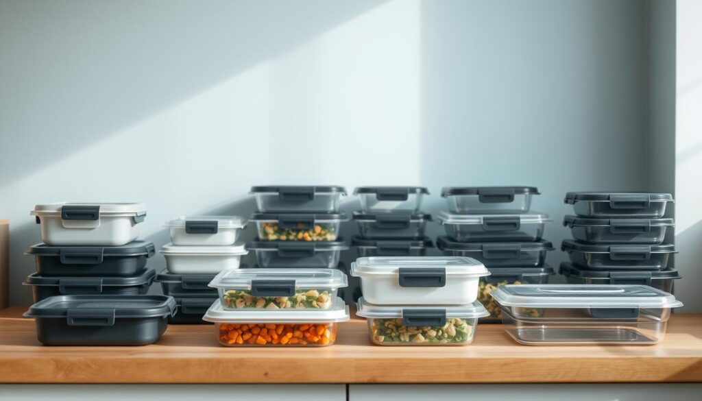 A neatly arranged collection of high-quality meal prep containers in a variety of sizes, shapes, and materials, meticulously laid out on a wooden kitchen counter against a light blue wall. The containers feature airtight lids, durable construction, and compartmentalized designs, showcasing the expertise of professionals who understand the need for reliable, leak-proof solutions for office meal prep. Soft, diffused lighting illuminates the scene, emphasizing the practical yet stylish nature of these essential kitchen tools.