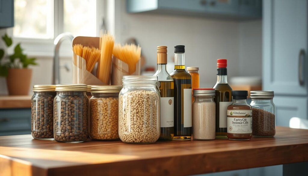 A neatly arranged collection of pantry staples on a wooden table, bathed in soft, natural light filtering through a nearby window. Jars of dried beans, pasta, and rice, alongside bottles of olive oil, balsamic vinegar, and assorted spices, all against a backdrop of light blue cabinetry and a simple, minimalist kitchen. The items are carefully positioned, suggesting an organized and efficient space, ready to enable the creation of delicious, homemade meals.