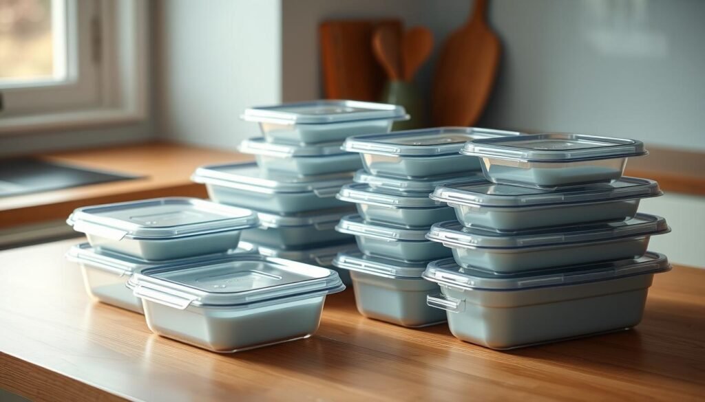 A neatly arranged collection of sleek, rectangular meal prep containers in a variety of sizes, crafted from durable, transparent plastic with airtight lids. The containers are meticulously positioned on a wooden kitchen counter, surrounded by a clean, minimalist environment accentuated by light blue accents. Soft, natural lighting from a nearby window casts a warm, inviting glow, enhancing the practical and organized aesthetic. The scene conveys a sense of efficiency and thoughtfulness, perfectly suited for the 