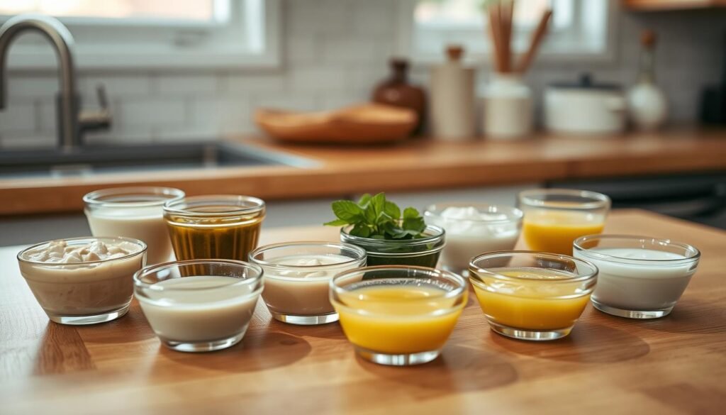A neatly arranged collection of small glass bowls and ramekins filled with various creamy, savory, and tangy sauce modifications on a wooden kitchen countertop. Soft natural lighting from a nearby window casts gentle shadows, highlighting the textures and colors of the sauces. In the background, a simple tile backsplash and minimal kitchen decor create a calming, health-conscious atmosphere. The sauces include dairy-free cashew cream, herb-infused olive oil, tangy Greek yogurt, and zesty lemon-garlic vinaigrette - all adaptable for different dietary needs and meal prep.