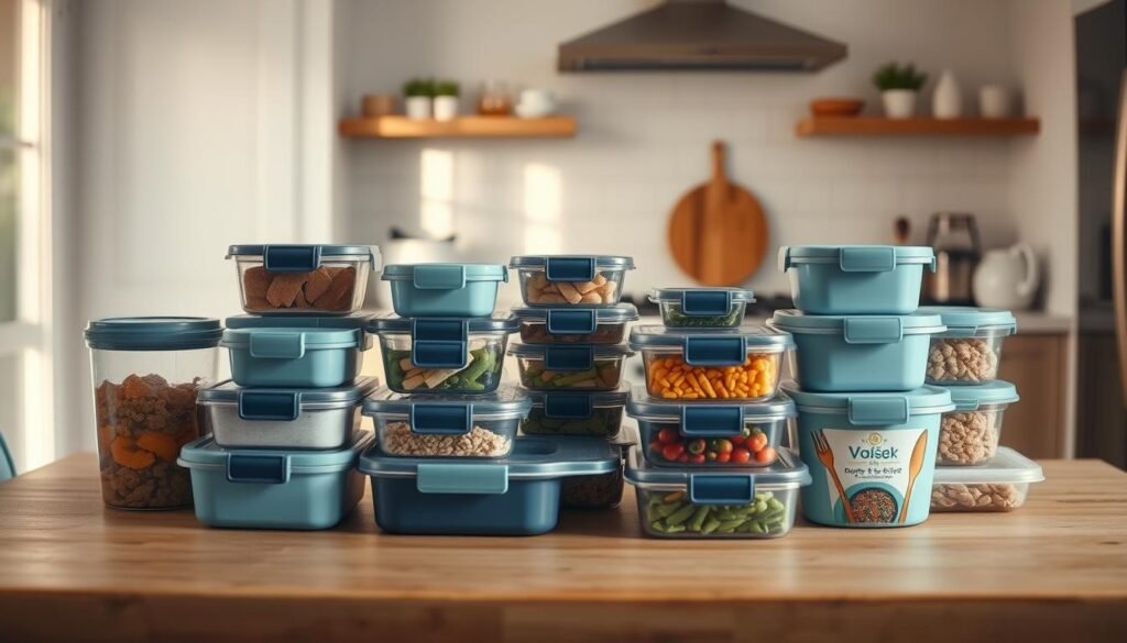 A neatly arranged collection of various brand-name meal prep containers in a cozy, minimalist kitchen setting. The containers are displayed on a wooden table with light blue accents, showcasing their unique designs and features. The scene is illuminated by soft, natural lighting, creating a warm and inviting atmosphere. The containers are meticulously positioned to highlight their comparative qualities, allowing the viewer to easily assess the different options. The overall composition emphasizes the practicality and aesthetic appeal of these meal storage solutions, perfect for those with limited kitchen space.