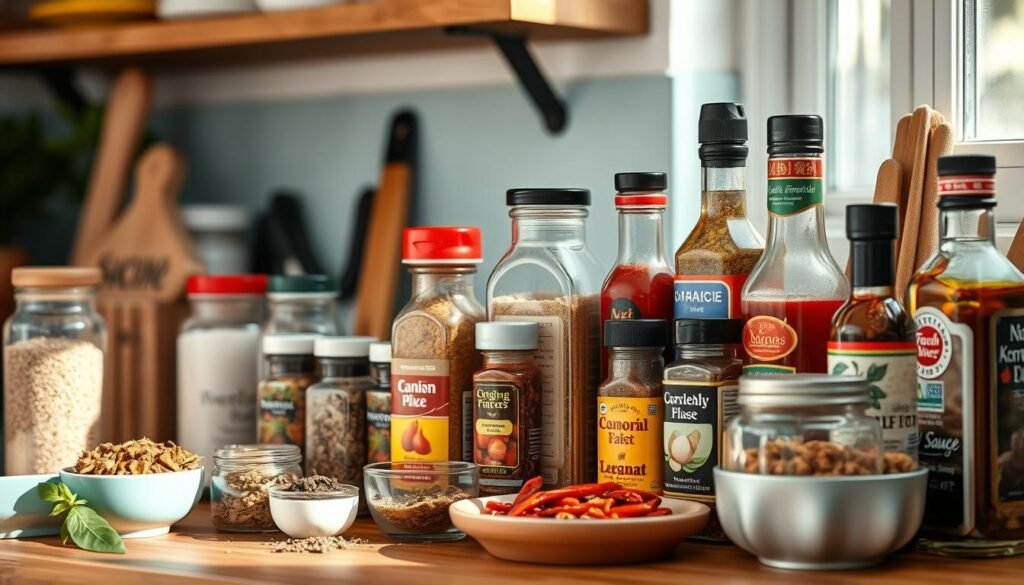 A neatly arranged collection of various spice jars, bottles, and small containers filled with aromatic seasonings, herbs, and flavor-enhancing ingredients, such as garlic powder, onion flakes, dried chili peppers, and a variety of savory, sweet, and umami-rich sauces, all set against a backdrop of warm wooden surfaces, light blue accents, and soft, natural lighting, creating a cozy, inviting atmosphere perfect for a well-stocked and organized kitchen dedicated to flavorful meal preparation.
