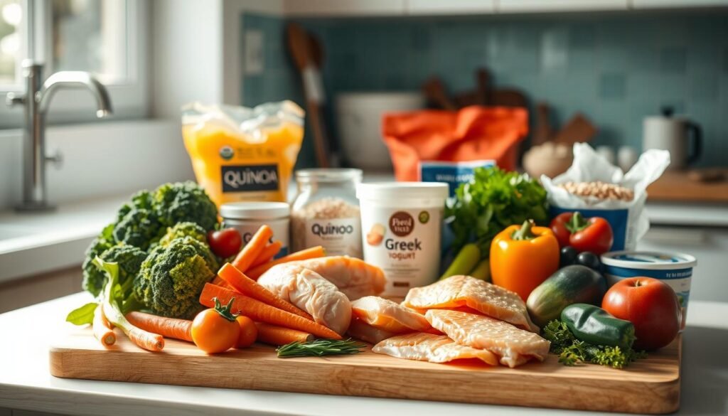A neatly arranged collection of versatile meal prep staples on a wooden cutting board, illuminated by natural light streaming through a window. In the foreground, a variety of fresh vegetables, such as broccoli, carrots, and bell peppers, alongside a selection of lean proteins like chicken breasts and salmon fillets. In the middle ground, a jar of quinoa, a bag of brown rice, and a container of Greek yogurt. In the background, a few simple kitchen utensils and a clean, light blue-accented countertop, creating a sense of order and simplicity. The overall mood is one of health, efficiency, and culinary potential, perfect for inspiring efficient and nutritious meal prep.